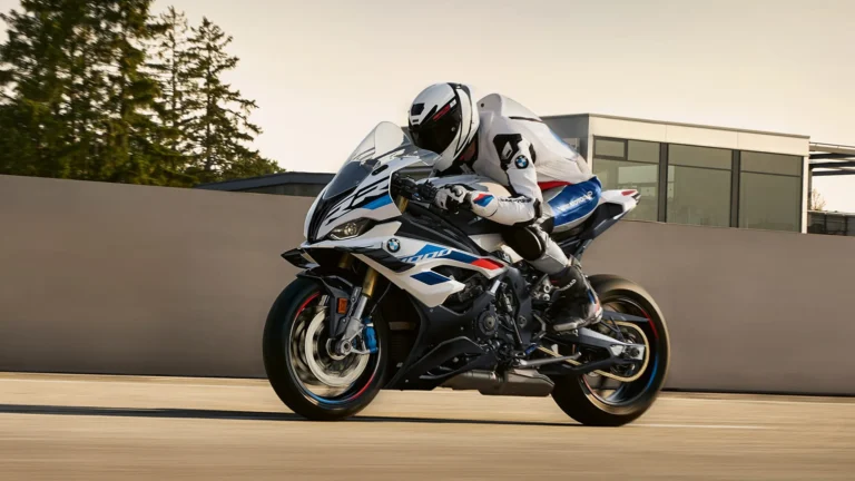 A high-performance BMW Motorrad S 1000 RR motorbike in dynamic motion, showcasing precision engineering and bold design for marketing purposes.