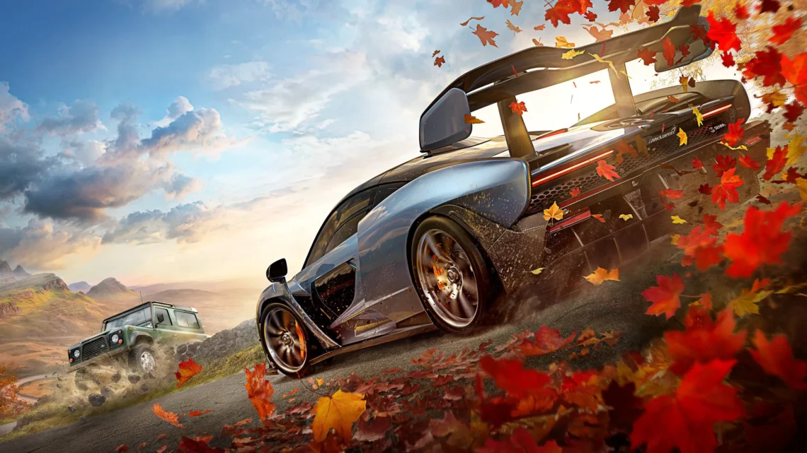 A high-speed race featuring a McLaren Senna and a Land Rover amidst autumn leaves in Forza Horizon.