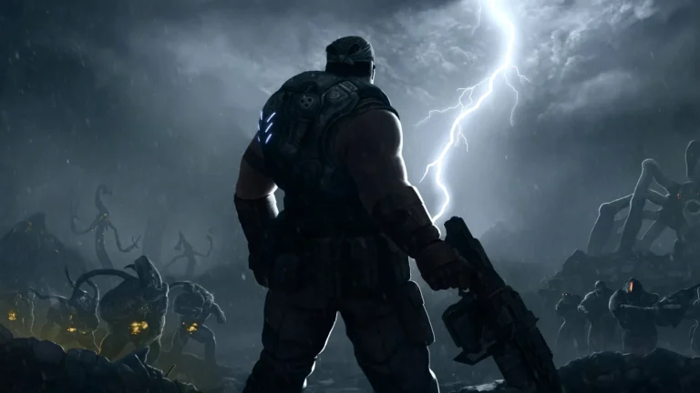 A muscular soldier in Gears of War standing amidst a thunderstorm, holding a weapon as lightning strikes.