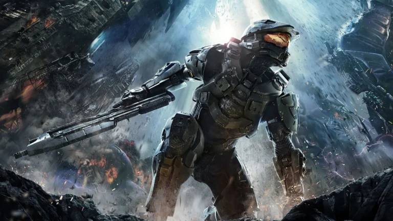 Master Chief in full action amidst chaos and destruction, holding advanced weaponry in Halo 4.